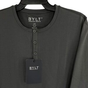 BYLT Premium Basics Mens Large Henley Drop-Cut Long Sleeve Lux Dark Charcoal NEW